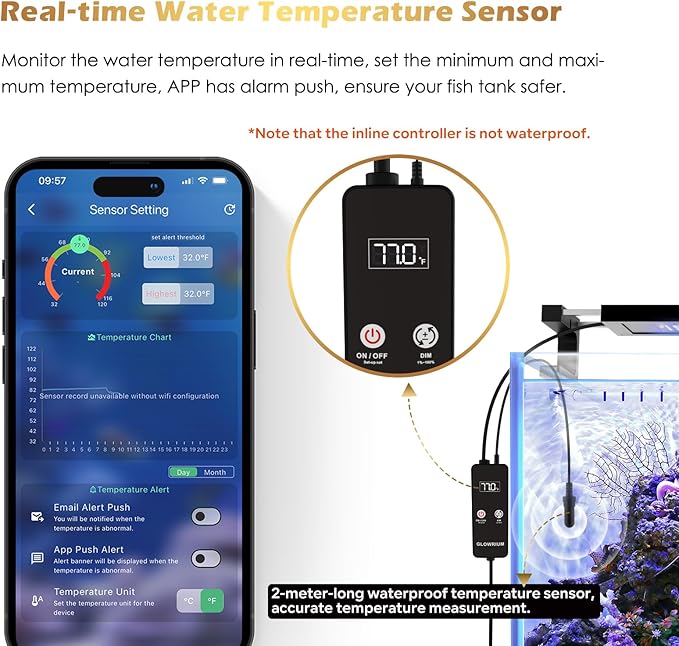GLOWRIUM Saltwater Aquarium Light, Smart Reef Coral Fish Tank Light with Bluetooth + WiFi Dual Control App, DIY Spectrum, Brightness Adjustable, Anti-Drop, Real Time Water Temperature Sensor(30-36 in)-PurrikoPets