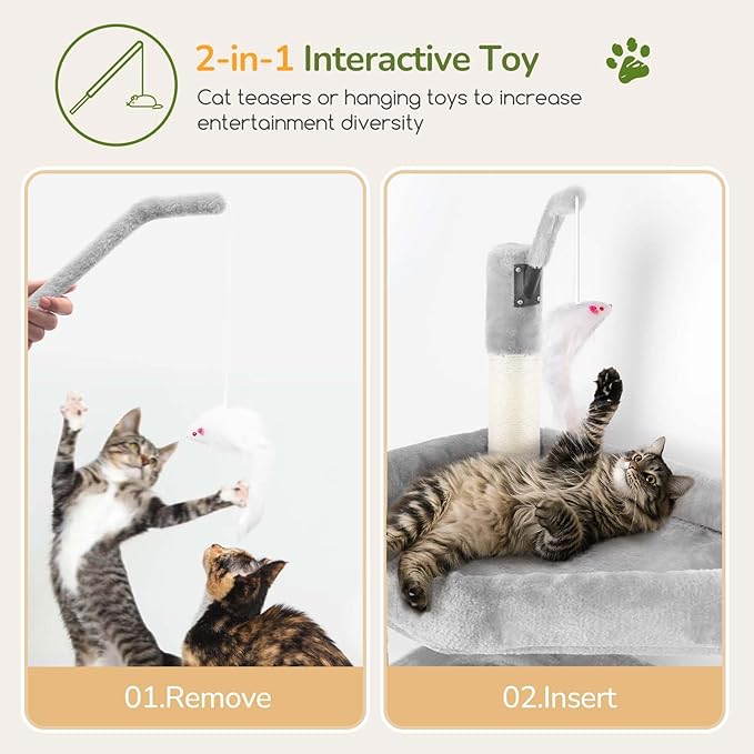 Globlazer Large Cat Tree Tower, Tall Cat Tree Condos for Indoor Cats Large Adult Cat Climbing Tower with 2 Spacious Caves, Oversized Top Perch, Big Hanging Basket, Cat Teaser Wand, F74B, Light Grey-PurrikoPets