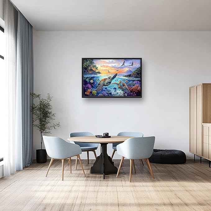 Framed Large Sea Turtle Wall Art for Living Room, Oversized Ocean Turtle Wall Decor Seascape Underwater Marine Life Canvas Painting Home Decoration for Living Room Bedroom Office 36"x24"-PurrikoPets