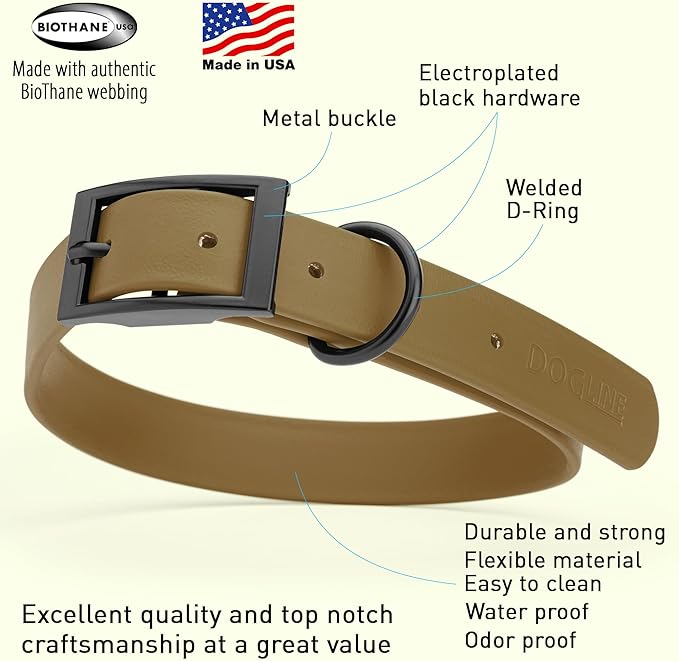 Dogline Biothane Waterproof Dog Collar Strong Coated Nylon Webbing with Black Hardware Odor- Proof for Easy Care Easy to Clean High Performance Fits Small Medium or Large Dogs, Coyote Brown-PurrikoPets