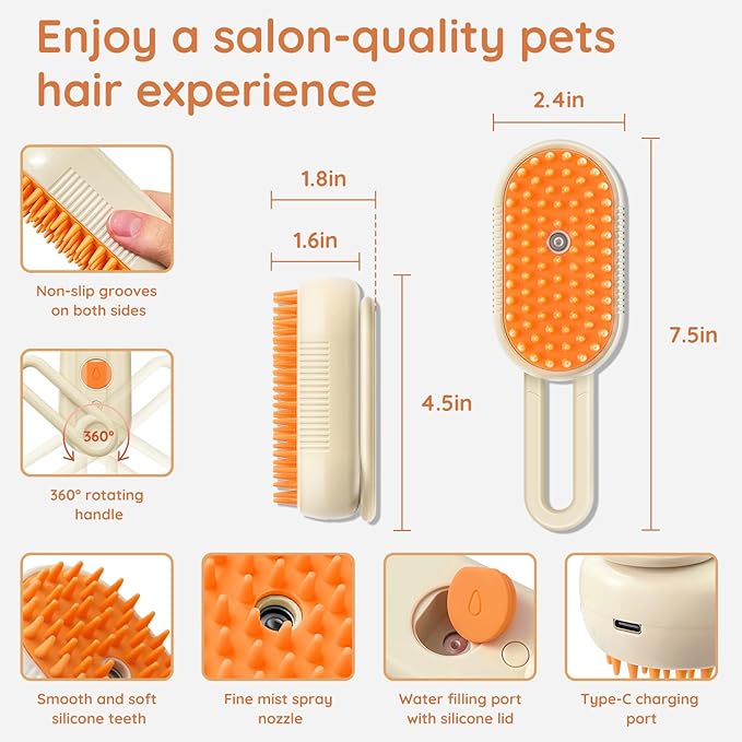 GKZ Cat Steam Brush, 3 in 1 Pet Comb for Massage, Cleaning, Shedding and Combing, Electric Mist to Prevent Flyaways for Home, Dogs and Cat Lovers - Khaki-PurrikoPets
