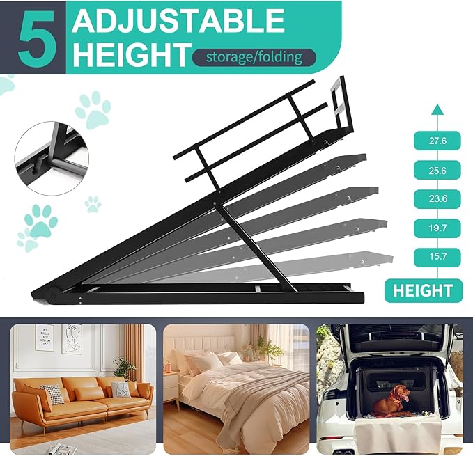 Dog Ramp, 5 Level Adjustable Height Folding Pet Ramp for High Bed, Portable Paw Ramps Large Bed Ramp for Medium & Large Old Dogs & Cats - Natural Wood Furniture Quality-PurrikoPets