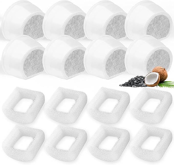 16 Pack Cat Water Fountain Filters Replacement, 8 Carbon Filters and 8 Foam Sponge Pre-Filter Fit for Multiple Ceramic and Stainless Steel Pet Fountains-PurrikoPets