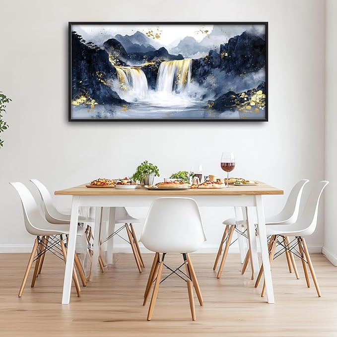 Extra Large Abstract Golden Waterfall Framed Wall Art for Living Room,Oversized Foggy Mountain Pictures Wall Decor,Canvas Print Painting Modern Artwork Bedroom Office Bathroom 60L" x 30W"-PurrikoPets