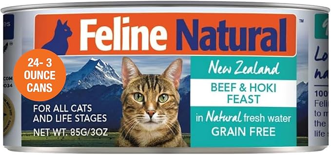 Feline Natural New Zealand Canned Catfood Wet Food, High-Meat, Low-Carb, & Grain Free Cat Food Wet, Beef & Hoki Feast, 3 oz, Pack of 24-PurrikoPets