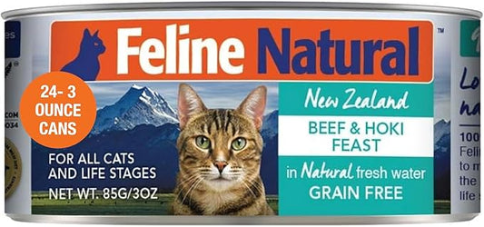 Feline Natural New Zealand Canned Catfood Wet Food, High-Meat, Low-Carb, & Grain Free Cat Food Wet, Beef & Hoki Feast, 3 oz, Pack of 24-PurrikoPets