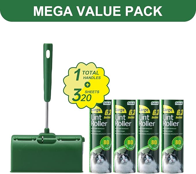 Fedicelly Large Lint Rollers Pet Hair Extra Sticky Furniture,Cat Dog Hair Remover Laundry Clothes Carpet,6.3 inches Wider with 320 Sheets Giant Lint Remover Brush for Couch-PurrikoPets