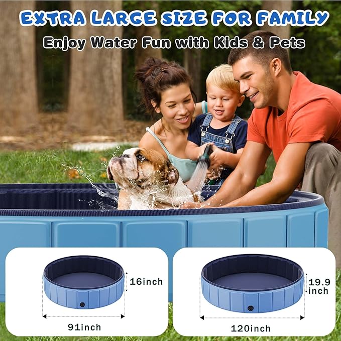 Foldable Dog Swimming Pool, Totiro 91"x16" Oversize Collapsable Hard Plastic Portable Bathing Tub for Pet Dog Kiddie Pool Indoor and Outdoor Leakproof PVC Play Pool for Large Dogs Pets Puppy Kids Blue-PurrikoPets