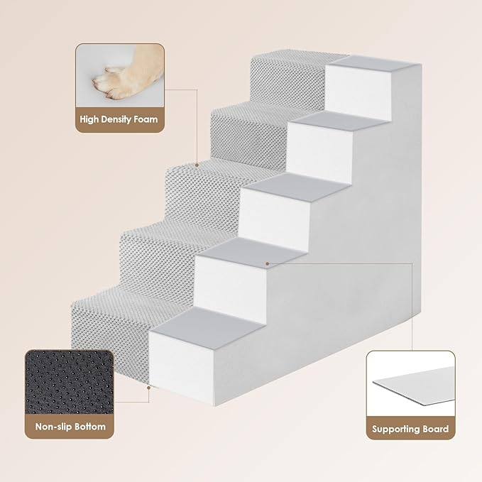 EHEYCIGA Dog Stairs for High Bed 22.5" H, 5-Step Dog Steps for Bed, Pet Steps for Small Dogs and Cats, Non-Slip Balanced Pet Ramp Indoor, Light Grey-PurrikoPets