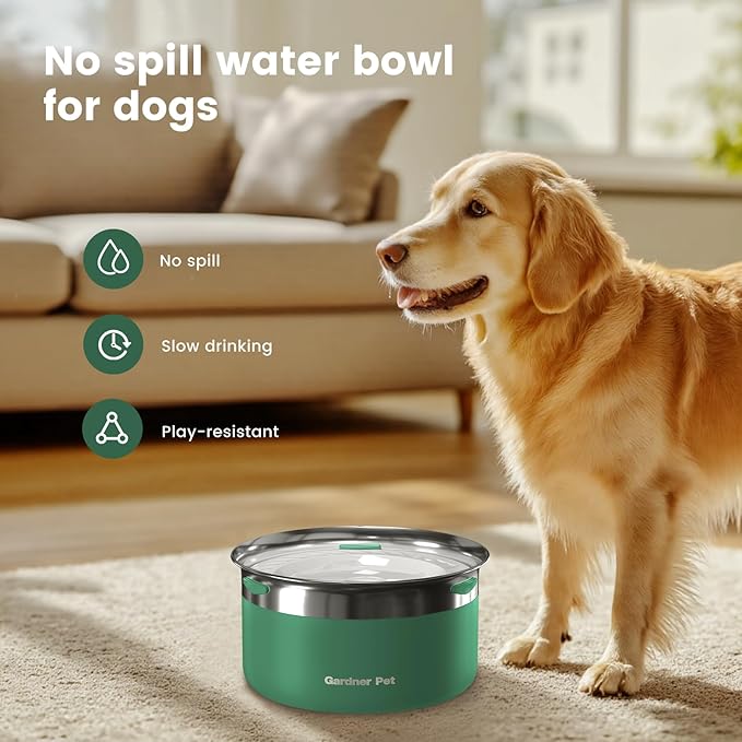 Gardner Pet Dog Bowls 1 Gallon (3.85L) Stainless Steel No Spill Dog Water Bowl, Slow Water Feeder Metal Bowls, Spill Proof Water Dispenser for Large Dogs, Promotes Healthy Hydration-PurrikoPets