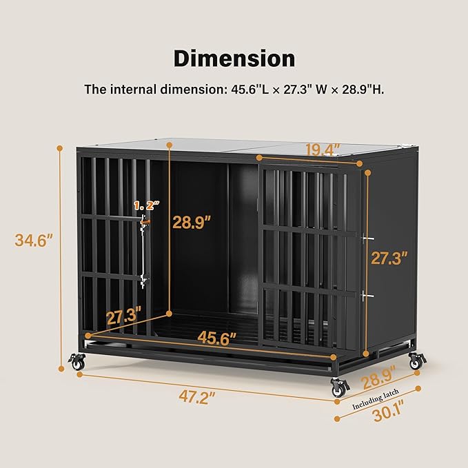 48 inch Heavy Duty Dog Crate with Self-Locking Latch, Indestructible Large Steel Kennel with Enclosed Design, Escape-Proof and Chew-Proof Pet Cage for High Anxiety Dogs-PurrikoPets