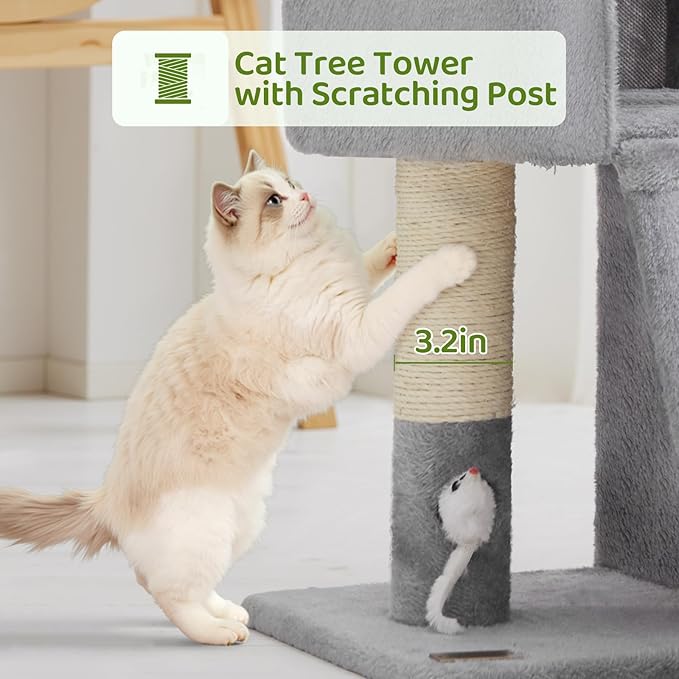 24inch Tall cat Tree with 2 cat condo and Mouse Toy Cozy Small cat Tower with Scratching Post and Board for Kitties and Small Cats.（Light Grey）-PurrikoPets