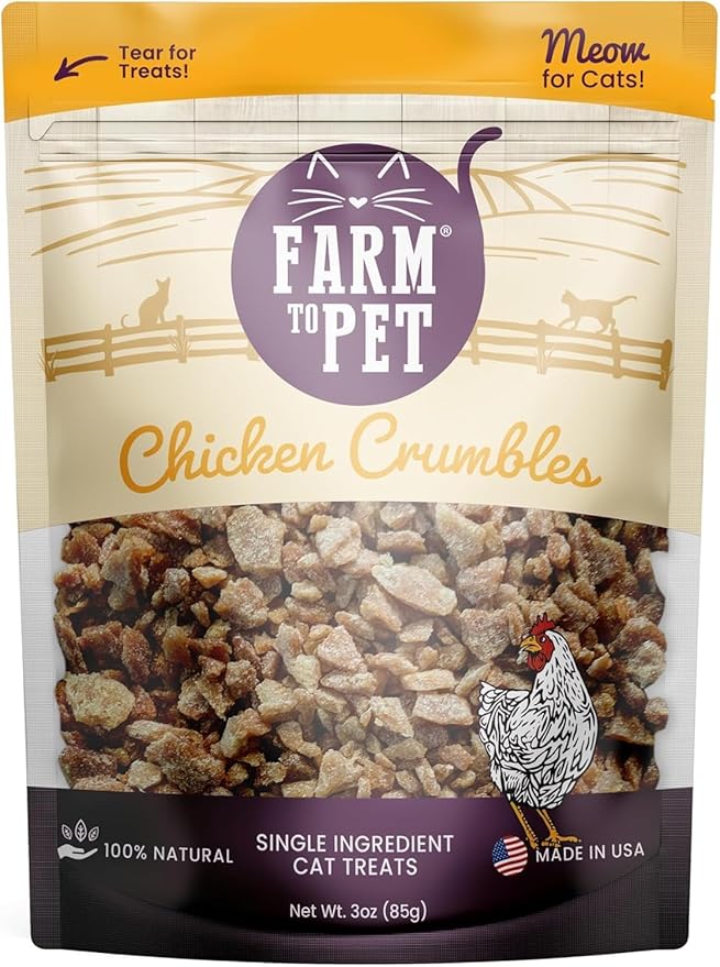 Farm To Pet - Cat Treat Crumbles - 3 oz Single Ingredient Chicken Treat and Snacks - Healthy for Indoor Cats and Kitten - Essential Products (Mix with Wet/Dry Food)-PurrikoPets