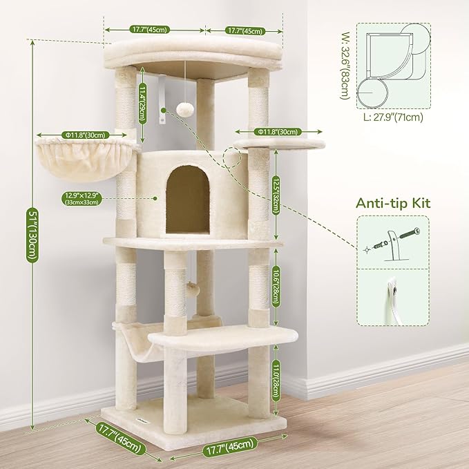 Globlazer Corner Cat Tree, 51in Curved Series Modern Cat Tower for Indoor Cats with Hammock, 7 Sisal Scratching Posts, Large Fan-Shaped Platform for Large Cats, Cat Condo & Hanging Basket, C51, Beige-PurrikoPets