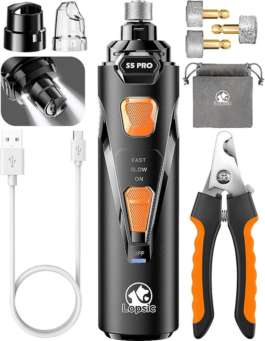 Dog Nail Grinder with 2 LED Lights Powerful 2 Speeds Super Quiet Dog Nail Trimmers with 3 Grinding Wheels Rechargeable Pet Dog Nail Clippers for Large Medium Puppy Dogs Dog Nail File Cat Nail Clipper-PurrikoPets