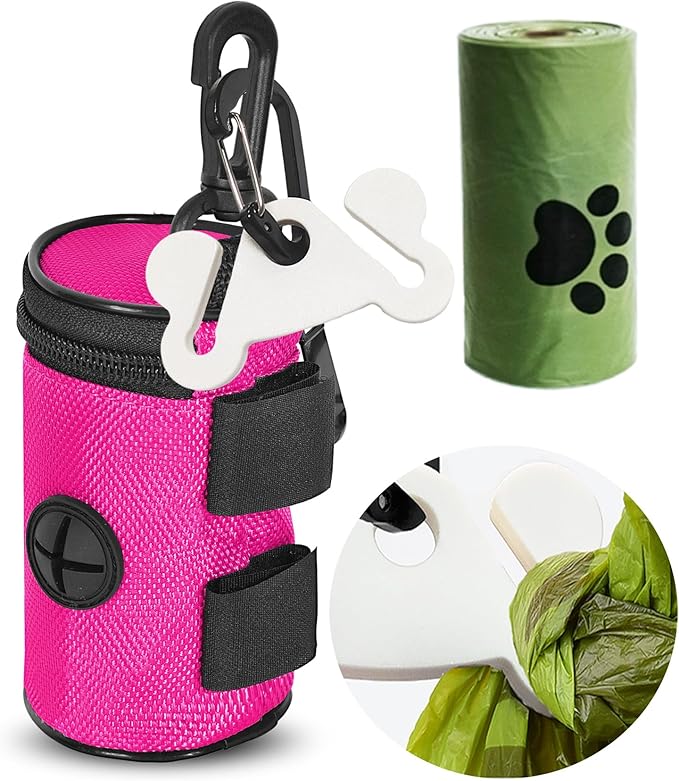 Dog Poop Bag Dispenser for Leash Attachment - Portable Set With Waste Bags & Hand-Free Carrier, Fits Any Leash, Round, Pink-PurrikoPets