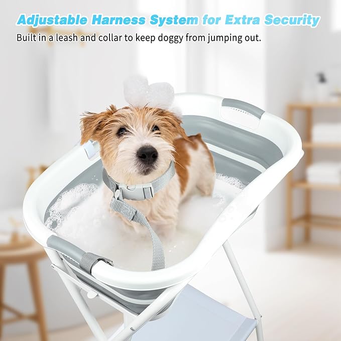 FHTONGE Elevated Dog Bathtub Grooming Station with Drain Adjustable Collar, 2 in 1 Collapsible Dogs Beautify Bathtub Portable Pet Washing Station, Pet Tub for Small Medium Dog Cat Shower Hairdressing-PurrikoPets