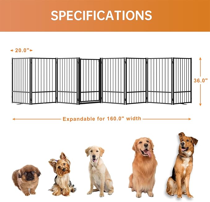 Full Metal Freestanding Dog Gate with Door, 36''Height Foldable Pet Dog Fence for Indoor & Outdoor, 8 Panels Extra Wide Free Standing TallDog Gates for Doorways,House,Stairs,Porch,Deck,Yard-PurrikoPets