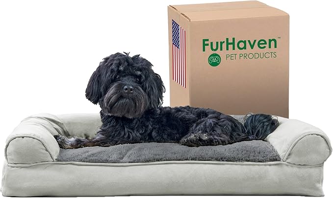 Furhaven Pillow Dog Bed for Medium/Small Dogs w/ Removable Bolsters & Washable Cover - Plush & Suede Sofa - Gray, Medium-PurrikoPets