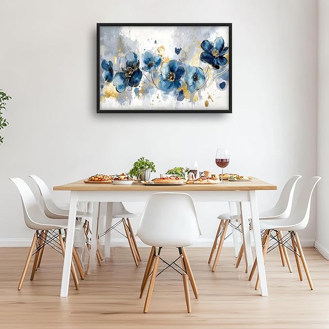 Extra Large Framed Abstract Blue Flower Wall Art,Oversized Golden Grey Floral Wall Decor Pictures for Living Room,Canvas Print Painting Modern Artwork Bedroom Office Bathroom Home Decor 36L" x 24W"-PurrikoPets