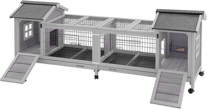 Aivituvin Rabbit Hutch Bunny Cage with Double House and Run Indoor Outdoor Guinea Pig House with Deeper No Leak Trays and Wheels-PurrikoPets