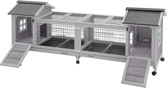 Aivituvin Rabbit Hutch Bunny Cage with Double House and Run Indoor Outdoor Guinea Pig House with Deeper No Leak Trays and Wheels-PurrikoPets