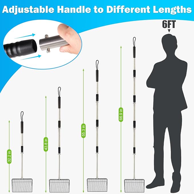 10 inch Large Chicken Poop Scooper,4 in1 Chicken Coop Poop Shovel,Adjustable 32" to 67" Stainless Steel Chicken Coop Scoop,Litter Sifting Shovel Poop Scooper for Chicken Coop Pet Waste-PurrikoPets