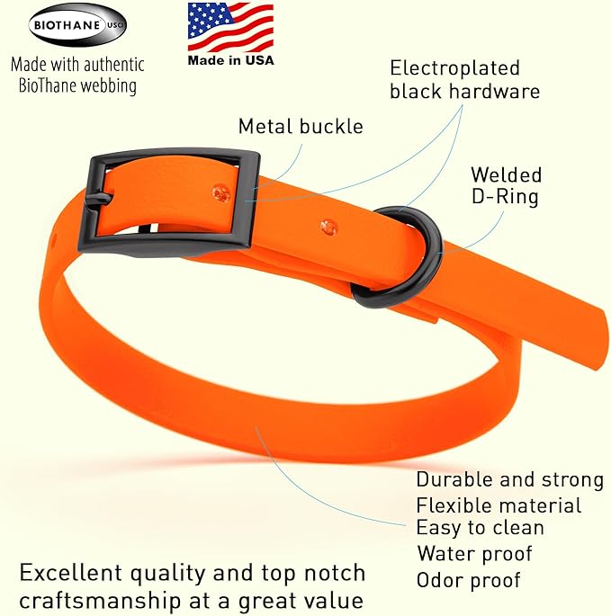 Dogline Biothane Waterproof Dog Collar Strong Coated Nylon Webbing with Black Hardware Odor- Proof for Easy Care Easy to Clean High Performance Fits Small Medium or Large Dogs, Hunter Orange-PurrikoPets