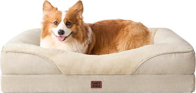EHEYCIGA Memory Foam Dog Bed for Medium Size, Orthopedic Dog Sofa with Sides and Waterproof Liner, Washable Bolster Pet Couch with Removable Cover, 35x22x6.5 Inch, Beige-PurrikoPets