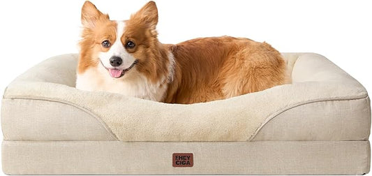 EHEYCIGA Memory Foam Dog Bed for Medium Size, Orthopedic Dog Sofa with Sides and Waterproof Liner, Washable Bolster Pet Couch with Removable Cover, 35x22x6.5 Inch, Beige-PurrikoPets