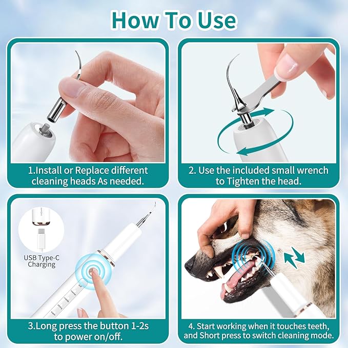 Dog Plaque Tartar Remover, Electric Toothbrush Teeth Cleaner Dental Care Kit for Dogs Cats- 5 Modes LED IPX6 Waterproof Auto-Stop Gum Protection USB Charge, 3 Brush Heads, Pet Teeth Cleaning Tools-PurrikoPets