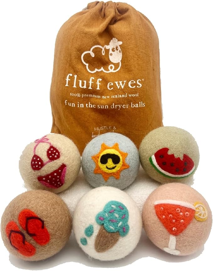 Fluff Ewes Wool Dryer Balls 6 Pack Premium New Zealand Wool Laundry Balls for Dryer, No Static Dryer Balls Laundry Reusable, XL Wool Dryer Balls Cute, Baby Dryer Balls for Dryers - Fun in The Sun-PurrikoPets