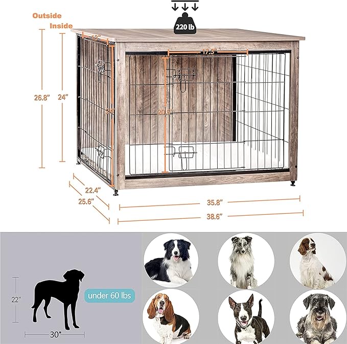 DWANTON Dog Crate Furniture with Cushion, Wooden Kennel Table with Double Doors, Indoor Dog House, Large Size, 38.5" L, Greige-PurrikoPets