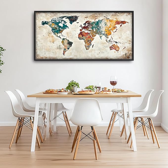 Extra Large Framed World Map Wall Art,Oversized Colorful Vintage Nautical Map Wall Decor Pictures for Living Room,Canvas Print Painting Modern Artwork Office Bedroom Home Decor 60L x30W-PurrikoPets