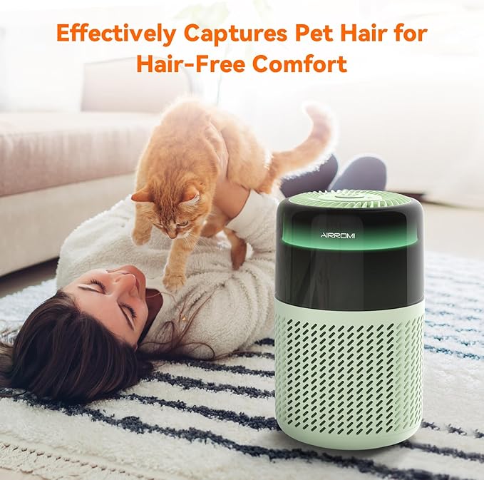 AIRROMI Air Purifier for Bedroom Home,HEPA Filter,Covers Upto 549 Ft²,Quiet 360°intake Air Cleaner with Fragrance ponge for Better Sleep,Night Light,Filters Smoke,Pet Dander,Allergies,Dust,A2005 Green-PurrikoPets