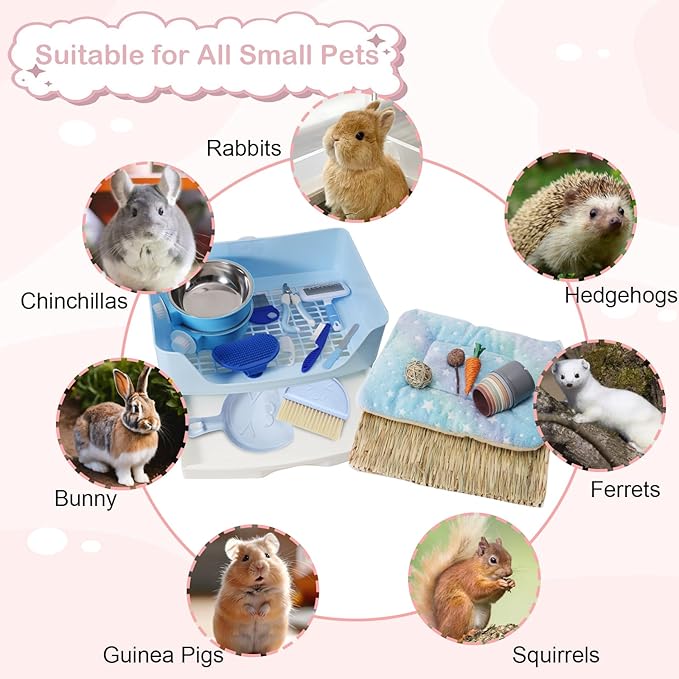 25 Pcs Large Rabbit Starter Kit, Bunny Litter Box with Drawer Animal Grooming Kit Stacking Cups Bowl Blankets Mat with Cleaning Set for Adult Guinea Pig, Ferret, Hamster, Bunnies Accessories (Blue)-PurrikoPets