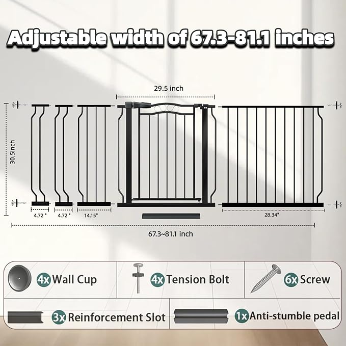 Extra Wide Baby Gate 67.3-81.1 Inch, Pressure Mounted Dog Gate Indoor, Walk Thru Pet Gate for Cat Dog Child,Pet Gates for The House Stairs Doorway Black-PurrikoPets