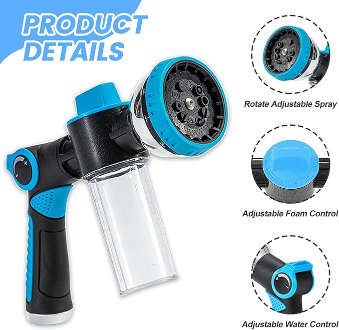 Dog Wash Hose Attachment, 10-in-1 Spray Mode Pet Shower Soap Sprayer with Grooming Comb Rubber Brush, Hose Nozzle with 100cc Soap Dispenser, for Watering, Car Wash, Dog and Horse Showering (Blue)-PurrikoPets