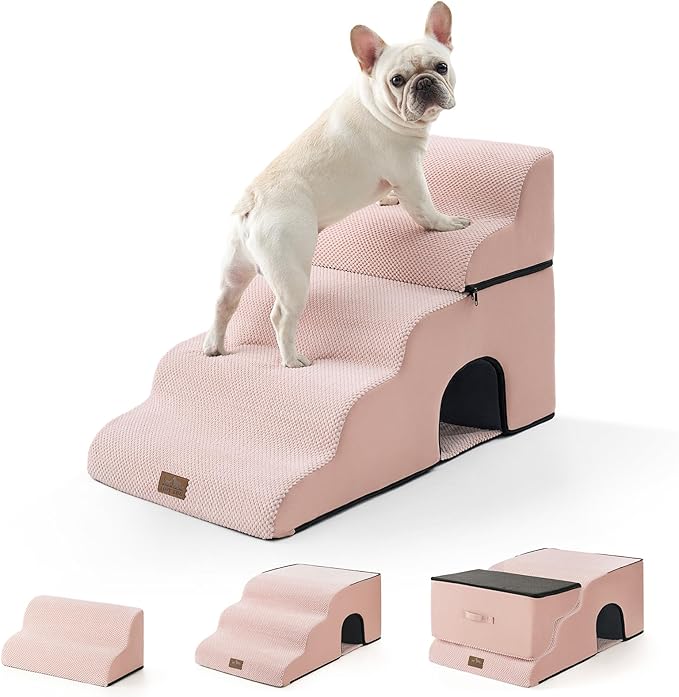 Extra Wide Dog Stairs with Tunnel, Detachable Large Pet Step for Small Medium Dog, Puppy or Cat, Ramp for High Bed, Couch, Sofa or Car, Stable, 19.7x33x22.4 inch, 5 Step, Pink-PurrikoPets