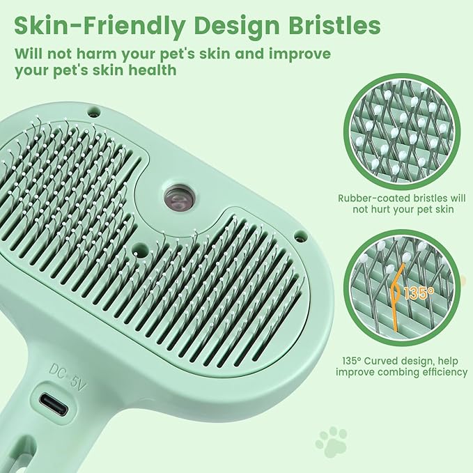 3 in 1 Cat Steam Brush, Pet Spray Hair Removal Comb for Shedding & Grooming, Water Brush for Cats Dogs Small Animals Long Short Haired with One-Click Release Button(Green)-PurrikoPets