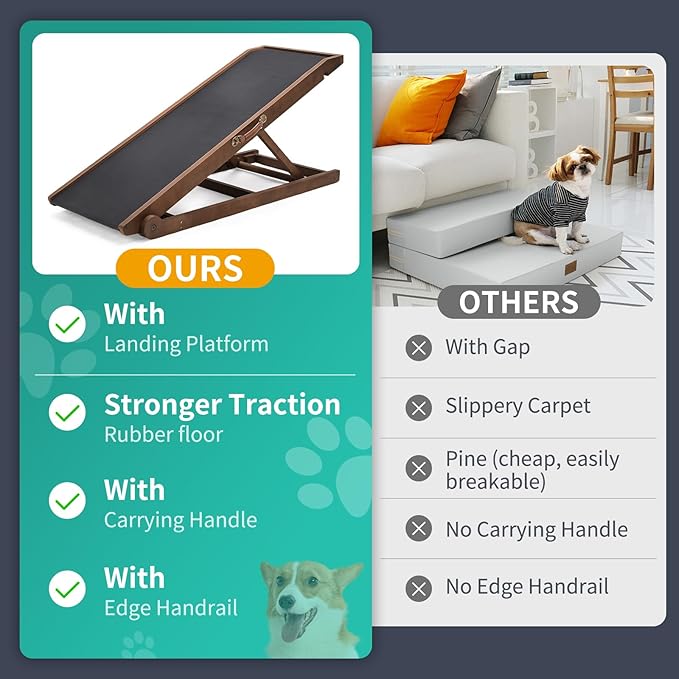 Dog Ramp, Adjustable Height Wooden Folding Pet Ramp for Bed, Couch,SUV-High Traction, Portable Paw Ramps for Small & Large Old Dogs & Cats - Furniture Quality-PurrikoPets