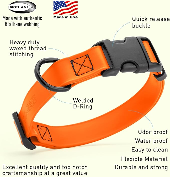 Dogline Biothane Waterproof Dog Collar with Quick Release Buckle Strong Coated Nylon Webbing with Odor- Proof for Easy Care Easy to Clean Fits Small Medium or Large Dogs, Orange 3/4" W 12-19" L-PurrikoPets