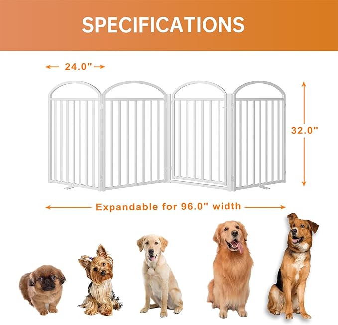 4 Panles Full Matel Freestanding Dog Gates with Door, 96"Extra Wide 32"Tall Free Standing Dog Pet Gate for Indoor & Outdoor. Foldable Pet Fences for Doorways, House, Stairs, Porch, Deck, Yard-PurrikoPets