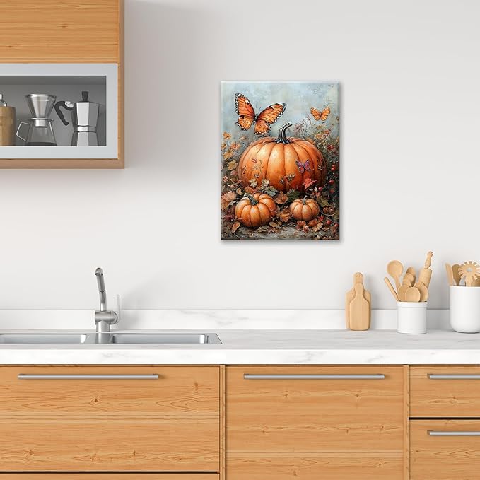 Fall Pumpkin Pictures Wall Art, Rustic Thanksgiving Bathroom Wall Decor, Farmhouse Autumn Butterfly Framed Painting Canvas Artwork for Harvest Gift Bedroom Living Room Decorations 16"L x 12"W-PurrikoPets