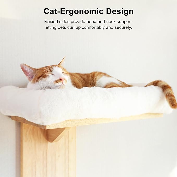 FUKUMARU Cat Wall Shelves, 2 Platform Cats Walls Furniture, Tree Shape Kitten Floating Shelf with Soft Cushion Perch, Solid Rubber Wood for 16 Inch Drywall, Suitable for Climb, Play, Nap-PurrikoPets