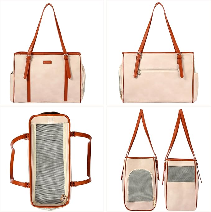 Fashion Dog Purse Pet Carrier Leather Bag for Small Dogs Cats Puppy, Portable Tote Bag Airline Approved Soft-Sided Carriers (Beign)-PurrikoPets