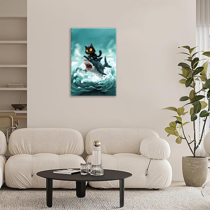 Funny Black Cat Bathroom Wall Art Cute Cat Riding Shark Canvas Wall Decor Animal Kitten Pictures Painting Print Artwork Framed Decorations Gifts for Cat Lover Kids Room Bedroom 16"x24"-PurrikoPets