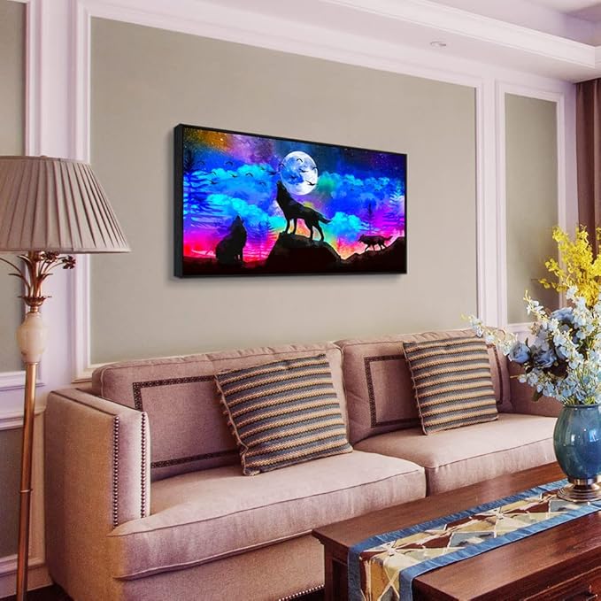 Framed Canvas Wolf Landscape Painting Canvas Wall Art For Living Room Bathroom Wall Decor For Bedroom Kitchen Artwork Canvas Art Prints Modern Office Home Decorations Blue Starry Sky Hang Pictures-PurrikoPets