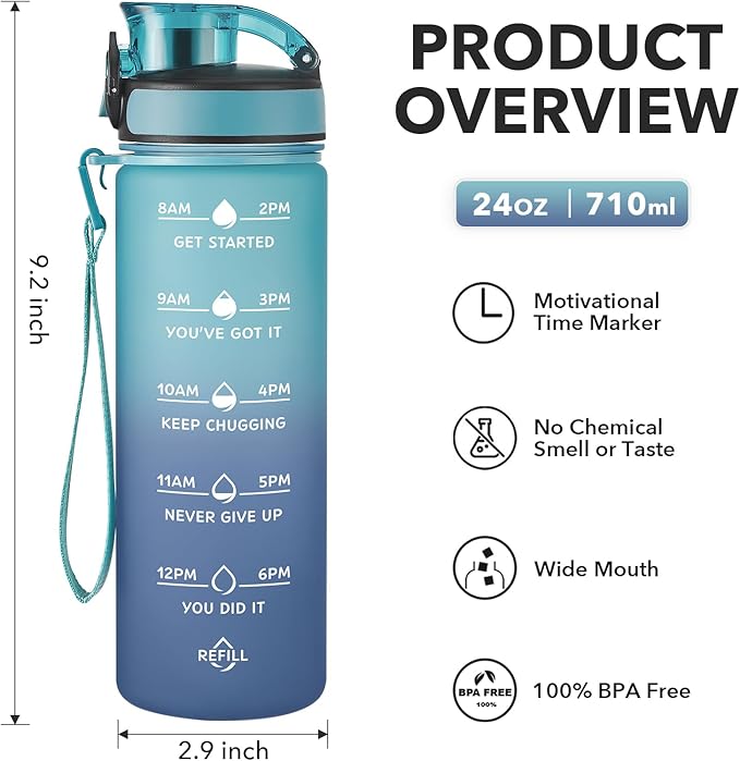 Enerbone Water Bottle, Leakproof BPA & Toxic Free, Motivational Water Bottle with Times to Drink and Straw, Fitness Sports Water Bottle with Strap for Office, Gym, Outdoor Sports-PurrikoPets