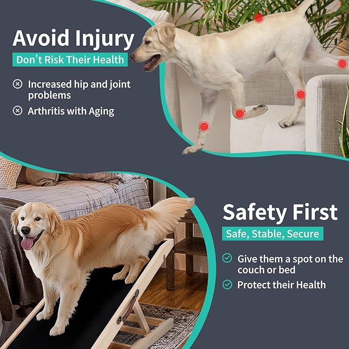 Dog Ramp, Adjustable Height Wooden Folding Pet Ramp for Bed, Couch,SUV-High Traction, Portable Paw Ramps for Small & Large Old Dogs & Cats - Furniture Quality-PurrikoPets